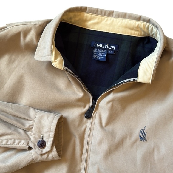VTG 90s Nautica Plaid-Lined Khaki Bomber Zip Up Jacket Preppy Normcore Large - Picture 1 of 16